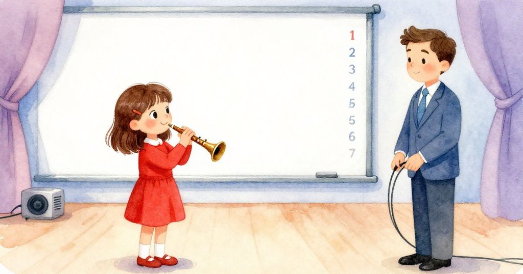 米拉平靜地設置錄音機於空曠舞台上，講者平穩發言，數字緩緩上升，現場充滿安寧與成就感。