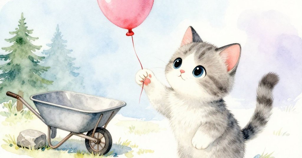 小貓伸出柔軟爪子輕觸被樹枝勾住的紅氣球繩,古舊手推車與石頭紋理清晰,細節豐富,小貓神情堅定。