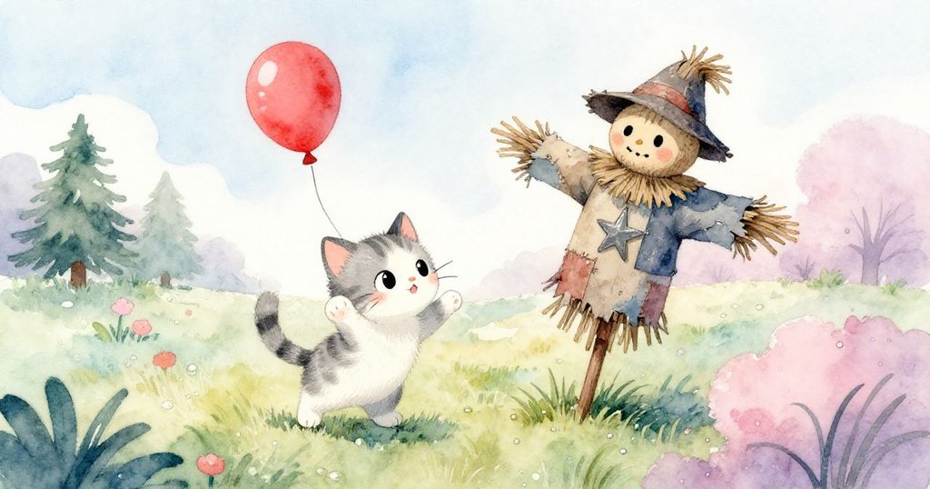 從高處俯瞰,小貓在閃爍露水的草地上盤旋稻草人旁,試圖靠近被枝條勾住的紅氣球,動作靈活又好奇。