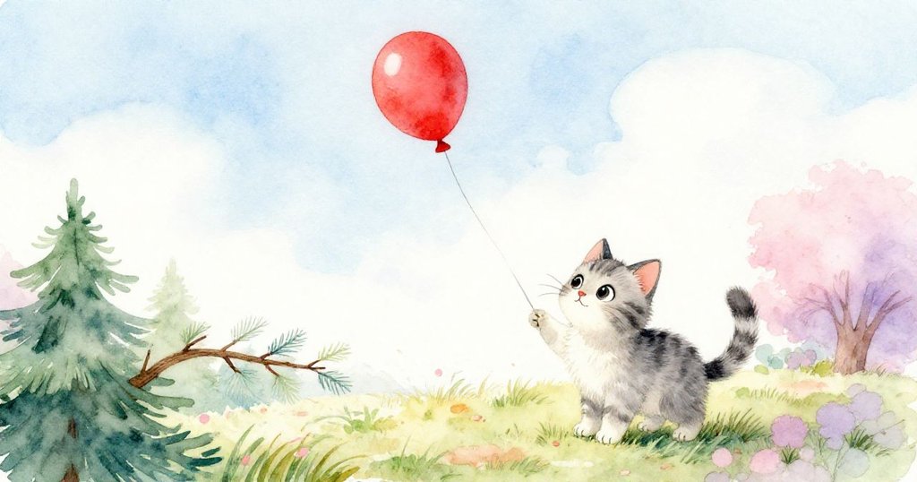 微風吹動樹枝擺動,紅氣球被釋放高飛,小貓目光專注觀察大自然動態,場景充滿生氣與溫暖光影。