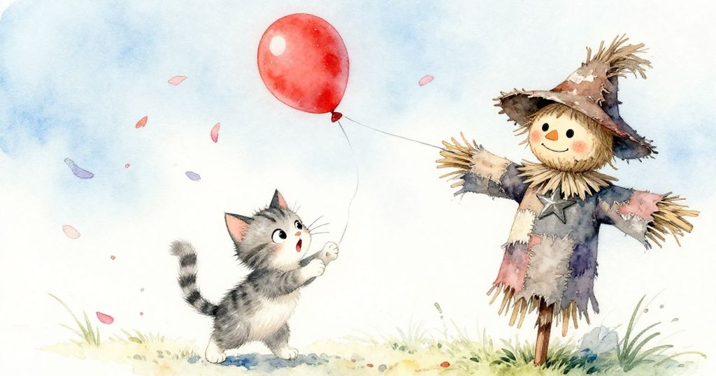 紅氣球撞上稻草人帽子爆裂,亮片如花瓣般飛散,小貓驚訝瞪大眼睛,情緒生動且充滿好奇與驚喜。