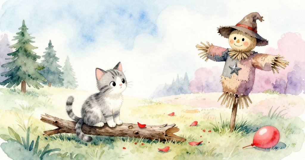 小貓靜坐於空置樹枝旁,氣球碎片猶如花瓣散落,背景中稻草人靜默守望,光影柔和充滿寧靜與反思。