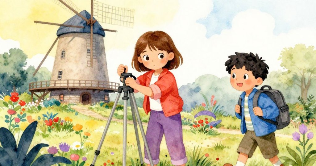 Mika操作金屬三腳架，Leandro攜背包踏入古老花園，背景有磨坊與植物，神情充滿期待與冒險