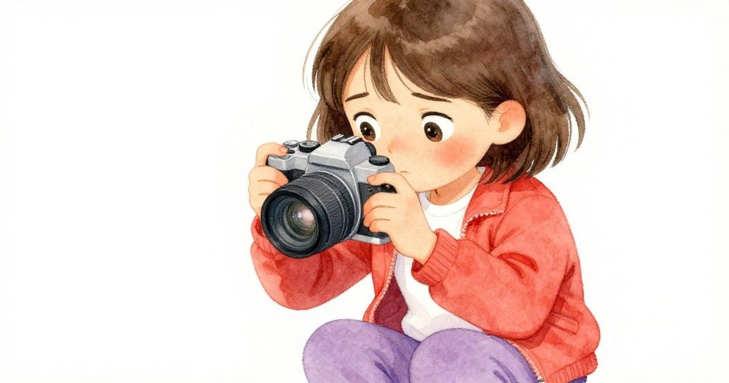 Mika蹲下仔細調整相機，眼神專注且堅決，背景柔和，展現冒險重要轉折