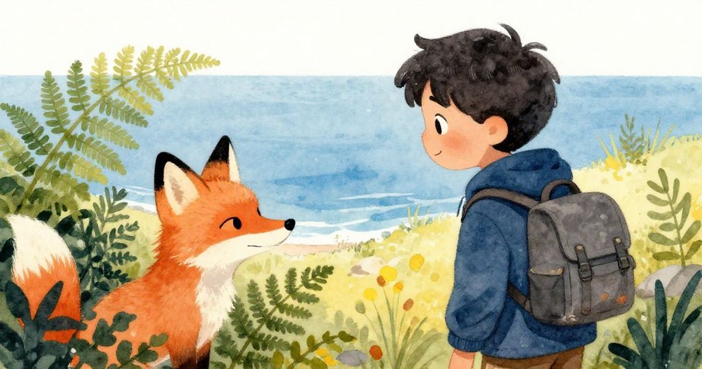 狐狸從蕨葉後好奇地窺視Leandro，野外環境生動且充滿秘密，視角獨特