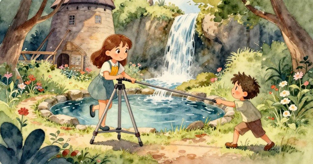 鏡頭蓋在濕石間滑動，水面反射奇幻幾何光影，畫面充滿超現實與神秘美感