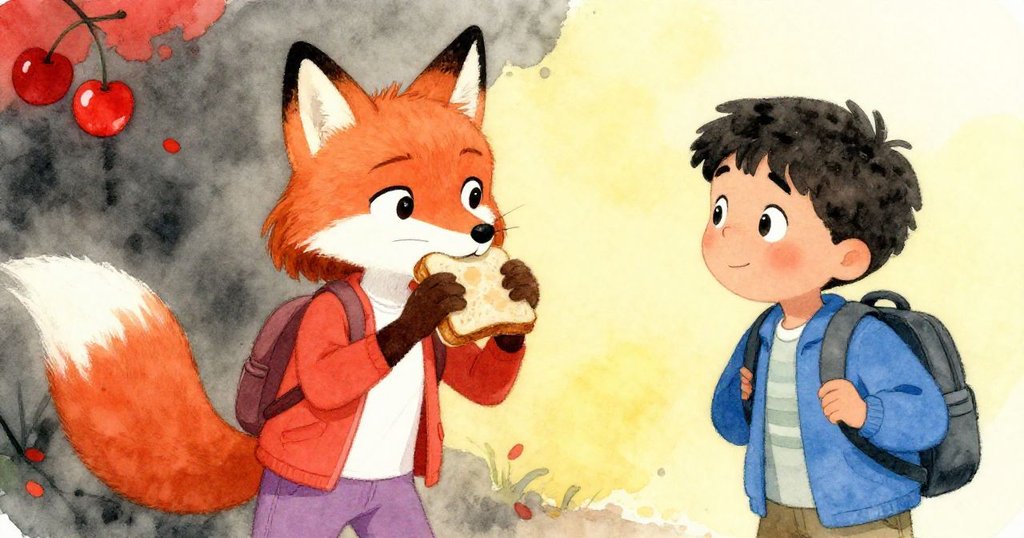 Mika與Leandro驚愕凝視狐狸奪走三明治，場面緊張且充滿懸念，周圍環境顯現濕潤與動感