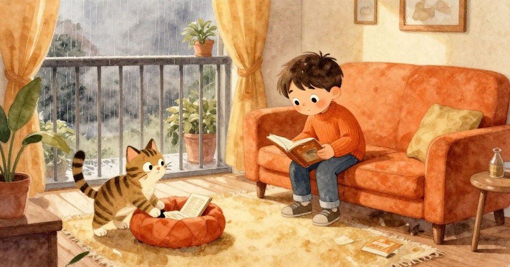 Milo在雨天整理溫馨的閱讀角落,背景是滂沱雨幕,條紋貓躡足觀望,場景充滿期待與柔和光影。