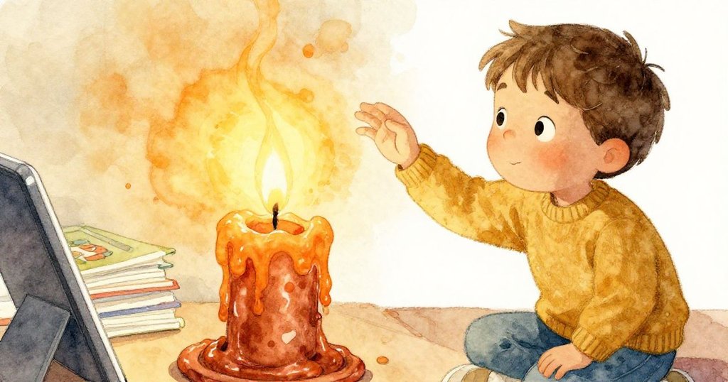 Milo細心調整桌上狹窄燈具,橙色蠟燭如熔岩流淌,場景呈現溫暖細膩質感與專注情緒。