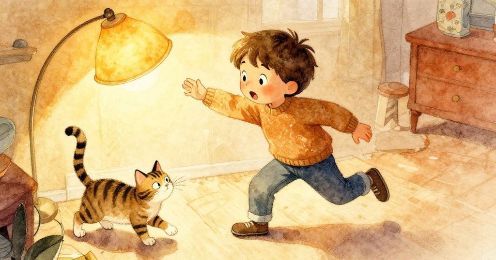 Milo從上方俯視中驚愕伸手趕抓搖搖欲墜的燈具,條紋貓輕觸電線,緊張氛圍中隱現室內溫暖光影。