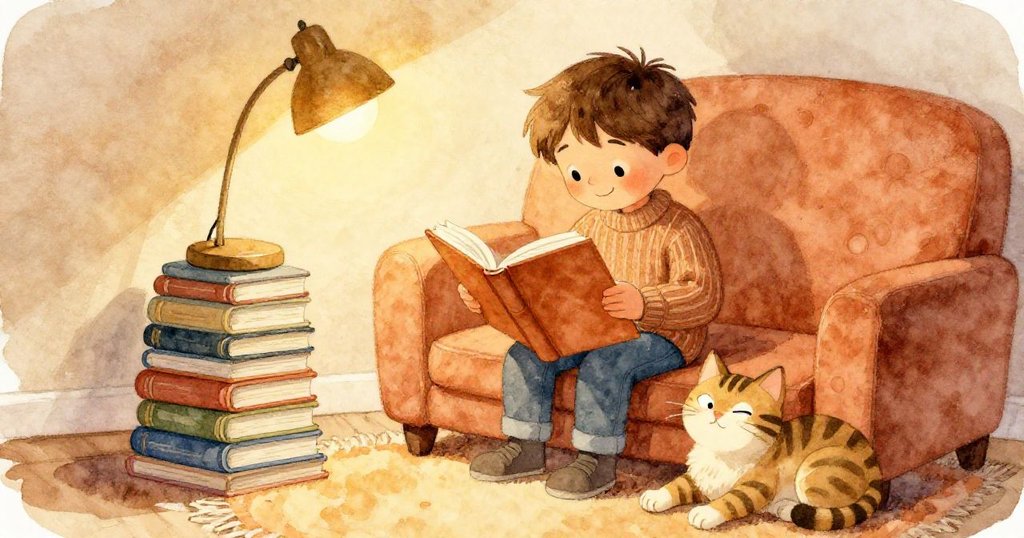 Milo透過雜誌堆砌巧妙固定燈具後,滿懷笑意重返閱讀角落,條紋貓安靜臥在地毯上,室內溫馨氛圍濃厚。