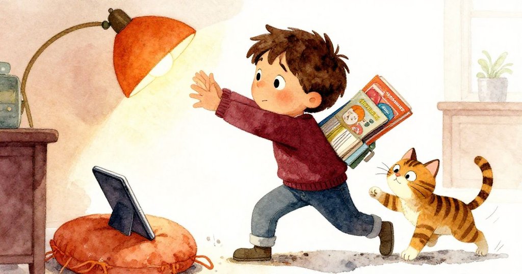 Milo忙碌中雙手滿載,急速伸手穩住即將傾倒的燈具,電視板滑落,場面緊張中透著專注與急迫。