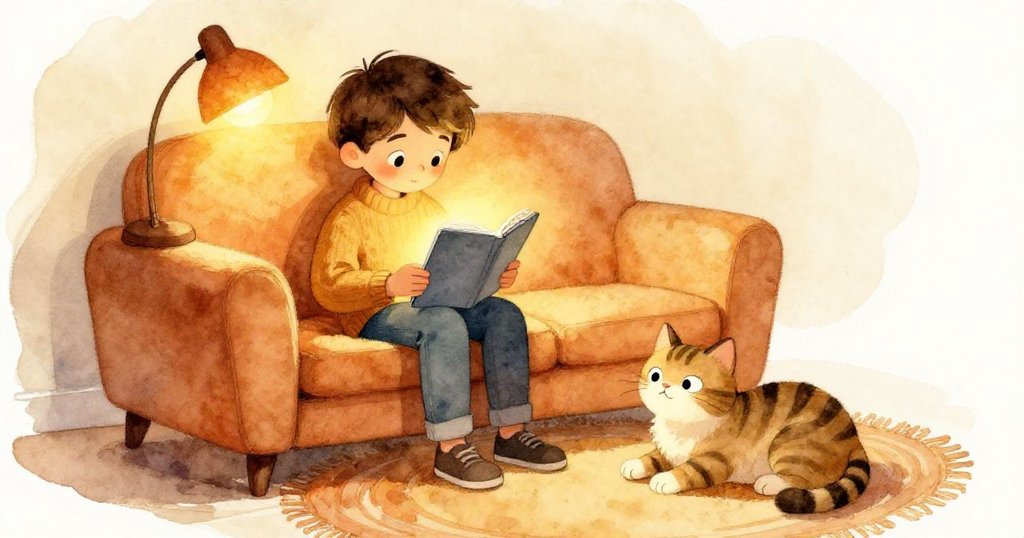 Milo在固定插頭後安心閱讀,溫暖燈光灑滿房間,條紋貓悠然臥於地毯上,呈現勝利與平靜的美好時刻。