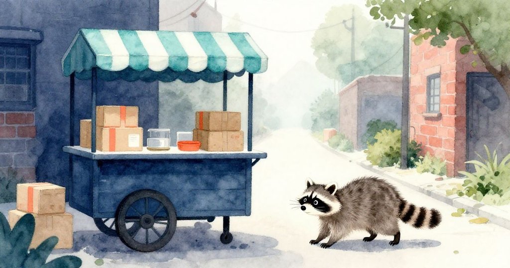 早晨薄霧中,小浣熊好奇走向街角攤位,周圍有整齊堆疊的盒子與細緻磚牆,充滿期待與冒險感。