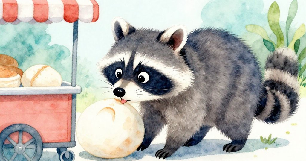 近距離展現小浣熊專注表情,鼻子輕嗅空氣,火紅麵包捲吸引著它,背景朦朧呈現都市風格。