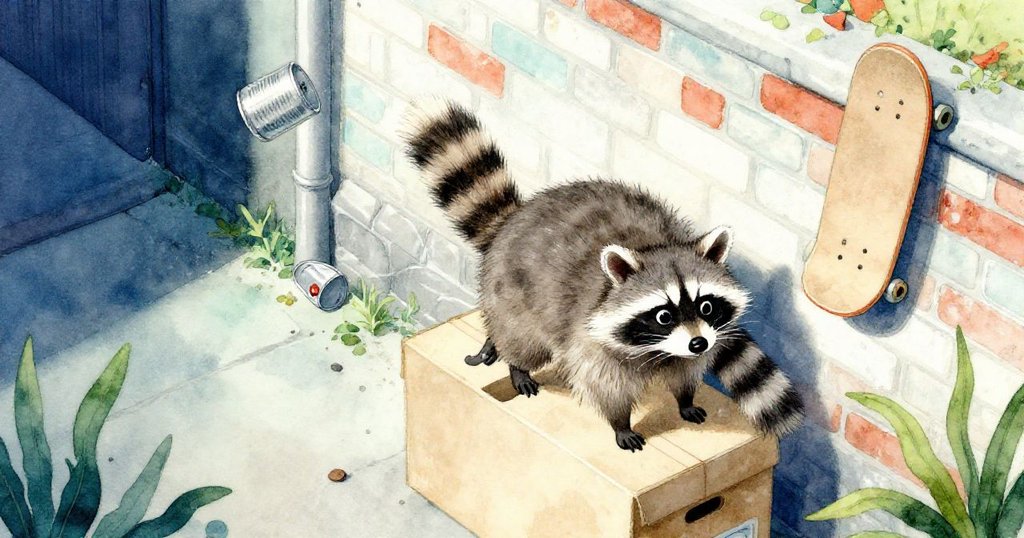 高角度視角下,小浣熊急攀低箱,盒子不穩引發連鎖反應,金屬罐碰撞木板,磚牆細節豐富,充滿活力。