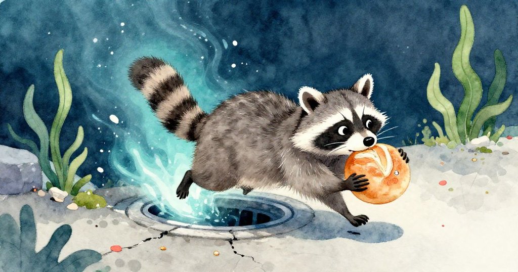 動態中景中,小浣熊搶得麵包捲迅速闖入反光排水口,像潛入水下般神秘,街道裂縫與碎屑細緻呈現。