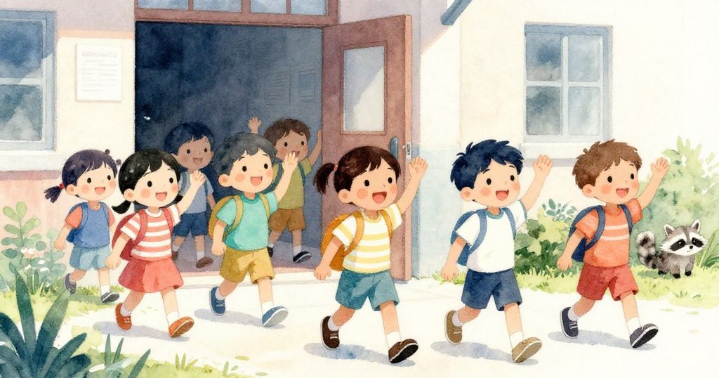 中景描繪快樂孩子群走過學校門口,面帶笑容,充滿活力,背景都市景致與隱約出現的小浣熊形成對比。