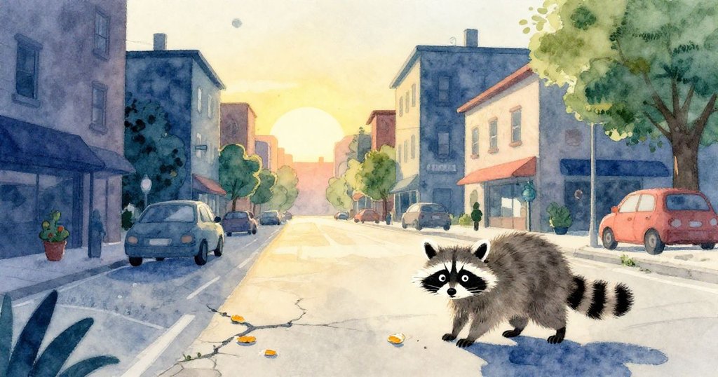 黃昏時分,都市街道在金色光芒中展現裂縫與麵包屑痕跡,小浣熊身影靜悄消逝,充滿溫暖與寧靜感。