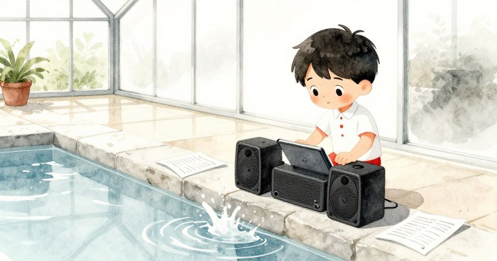 Theo小心將設備移到乾石邊，濕滑瓷磚反射出池水亮光，散落雜誌頁隨步伐移動營造出神秘氛圍。