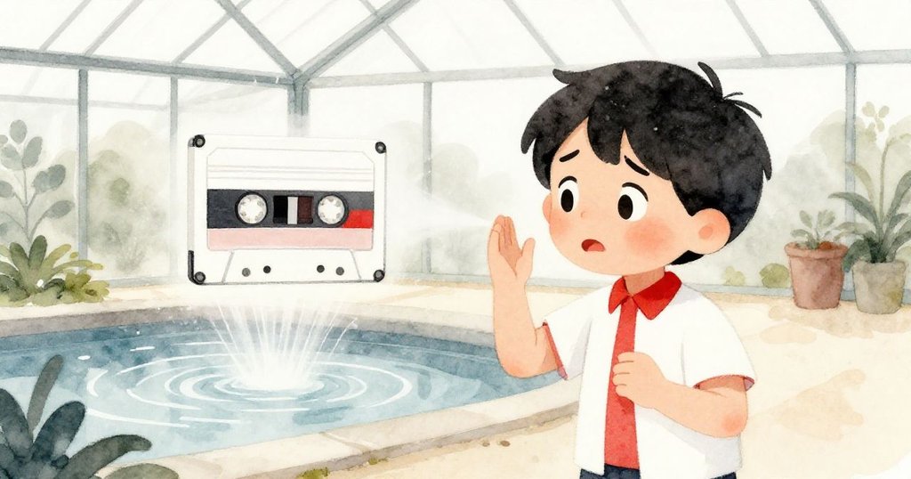 在細霧與池面回響交織的瞬間，Theo意外觸發demo旋律，臉上表情充滿疑惑和期待，展現出戲劇性的緊張氛圍。