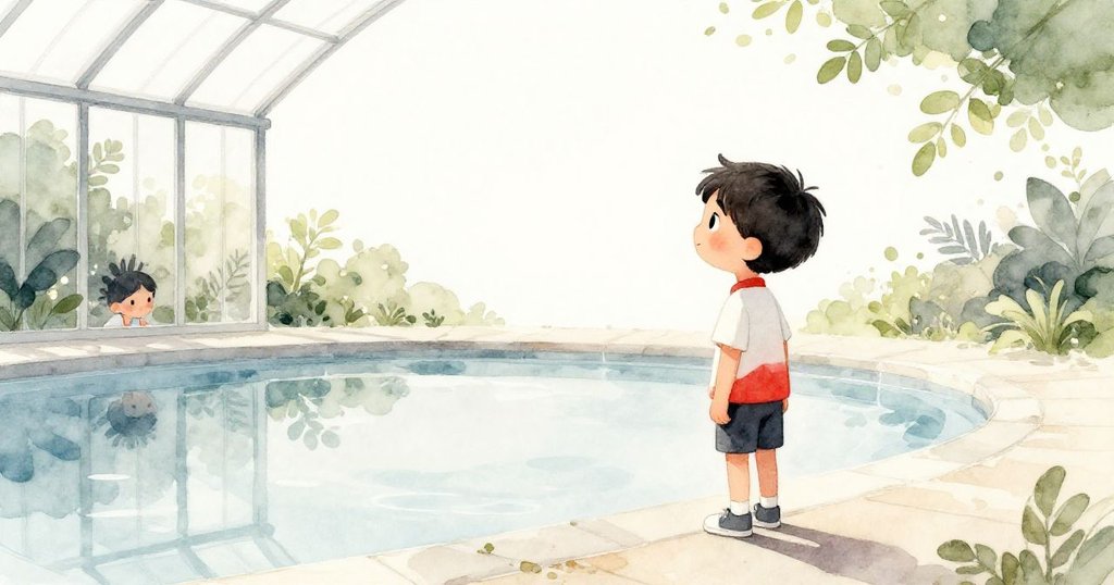 捕捉回聲後的Theo站在池邊，望向透過綠葉散射出來的新光明前景，臉上滿是堅定與希望，迎向充滿未來可能的音樂之路。