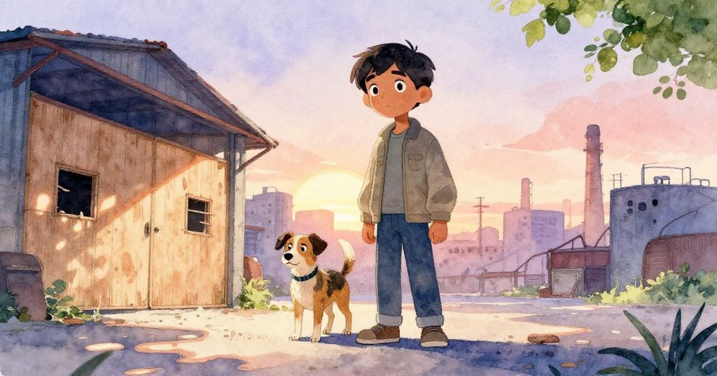 基蘭與斑駁的狗在夕陽照耀下站在老倉庫前,背景有貨運列車和工坊,氣氛神秘且溫暖。
