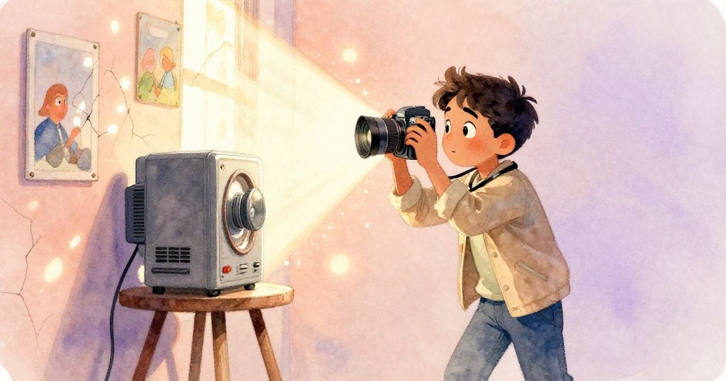 基蘭側身舉相機捕捉投影機上陽光穿過破碎海報反射的瞬間,臉上顯露驚喜與溫柔光影。