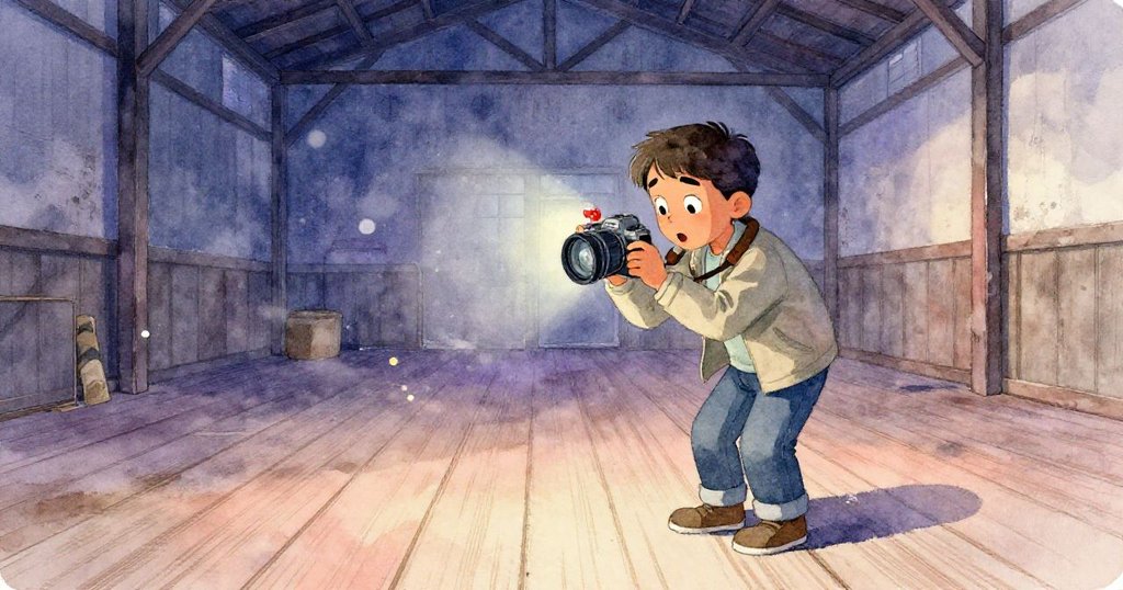 基蘭走入舊倉庫內部,低頭查看閃爍紅燈的相機屏幕,木板吱吱作響與塵埃飄散,情緒複雜。