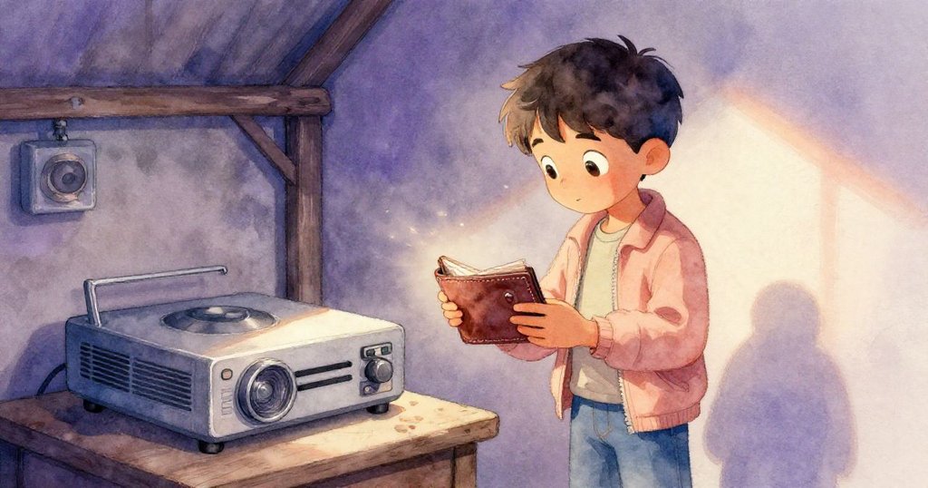 基蘭在老投影機旁靜注著地上打開的皮錢包與孤鈕,斜射光線映出沉思與記憶交織的情感瞬間。