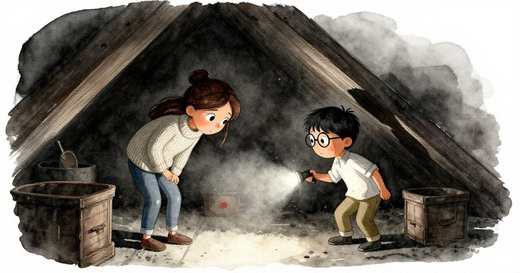 Mira在古老閣樓彎腰尋找線索,Theo舉手電筒照明,環境陰暗緊張,角度傾斜呈現冒險氣息。