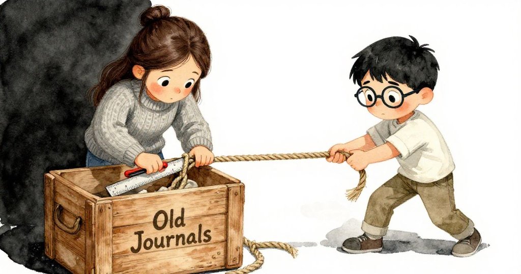 Theo用力拉繩結,Mira用尺子解結,木箱刻著『Old Journals』,兩人合作細緻操作,背景呈現古老木質質感。