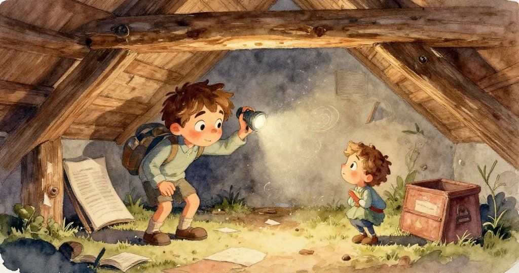 條紋貓跳進木箱內尋找秘密,周遭散落彩色傳單,光影斑駁中流露出謹慎好奇的情感。