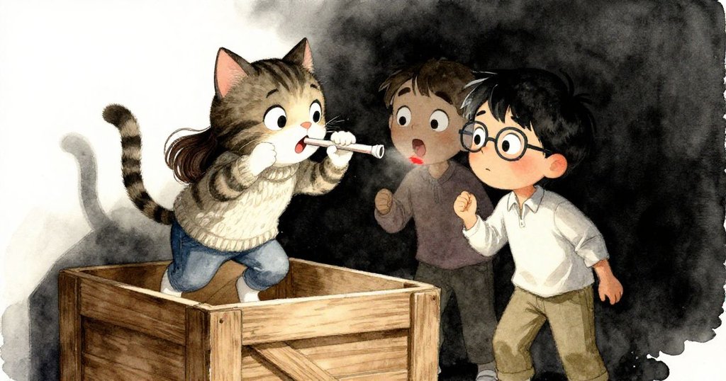 條紋貓嘴中叼著細管,Mira與Theo表情驚喜決定探索,彼此注視中散發出信心與期待。