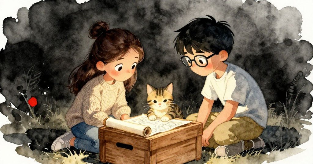 Mira與Theo圍坐木箱旁檢視捲起圖解,條紋貓安靜守護,燈光溫馨,冒險最終以團結希望落幕。