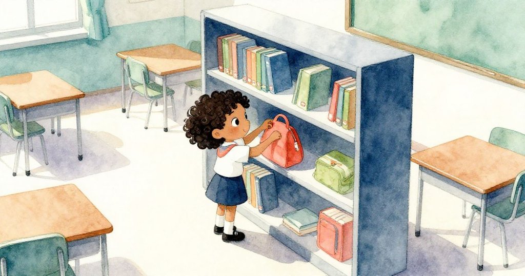 明亮早晨的教室中,Mia從上方尋找書包中的物品,充滿探索與期待情緒,環境佈置細膩,展現故事開端。