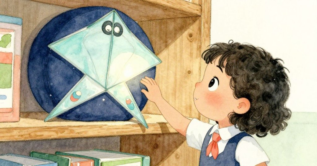 Mia伸手碰到書架上沉重的教科書,封面彩繪風箏引人做夢,手部細節清晰,展現尋找鉛筆的緊張與期待。