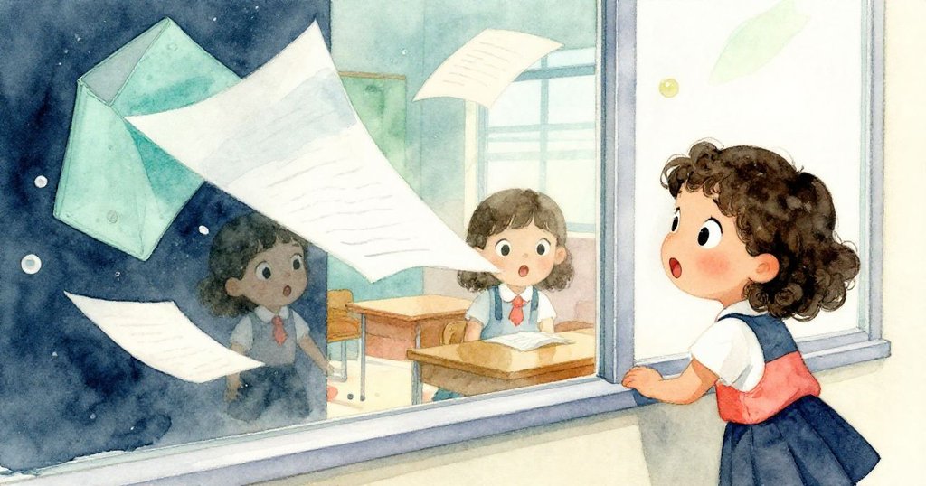 在教室窗邊,Mia驚訝地看著教科書與筆記本滾落,倒影中展現紙張飛舞和瞬間混亂,故事進入高潮。