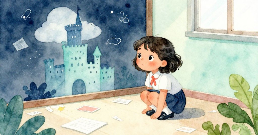 Mia蹲下收拾散落在地的書本,發現一頁半寫故事,畫中城堡與雲彩呼喚著她展現創意,情緒專注溫暖。