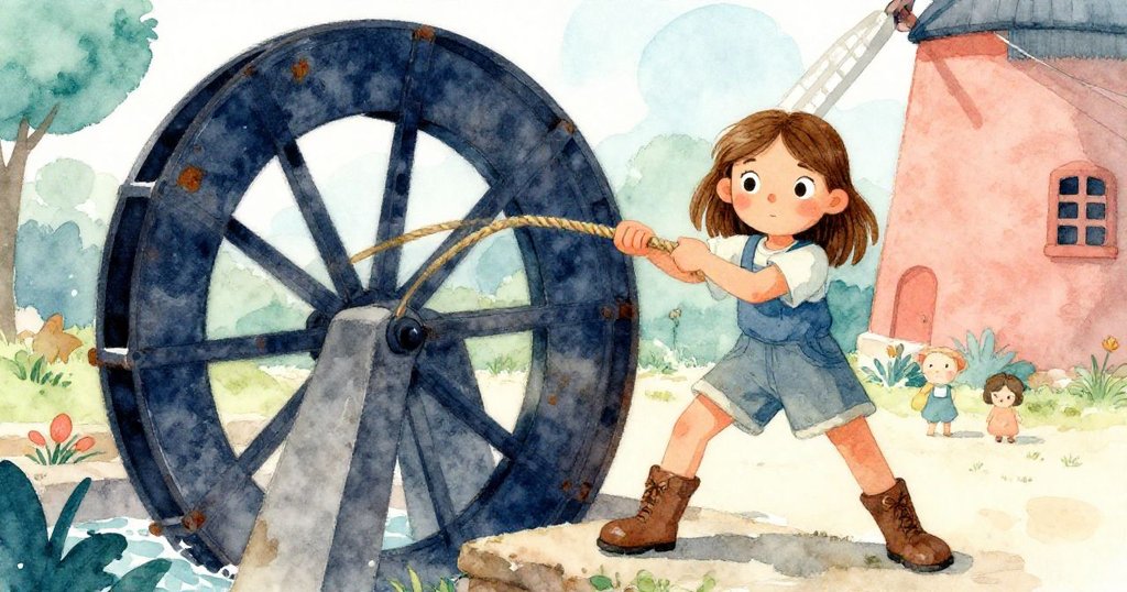 米拉低角度仰視古老水車,她用力拉繩,生鏽碎屑如雪舞動,展現奮鬥與冒險精神。