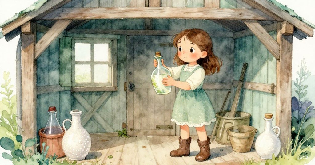 米拉在舊木棚內搜尋油瓶,透過斑駁光線回憶水車往日熱鬧,神情既反思又堅定。