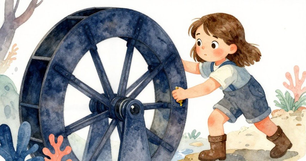 米拉全力以赴搓推水車,手上油光閃爍,眉宇間堅定與掙扎並存,展現努力與希望。