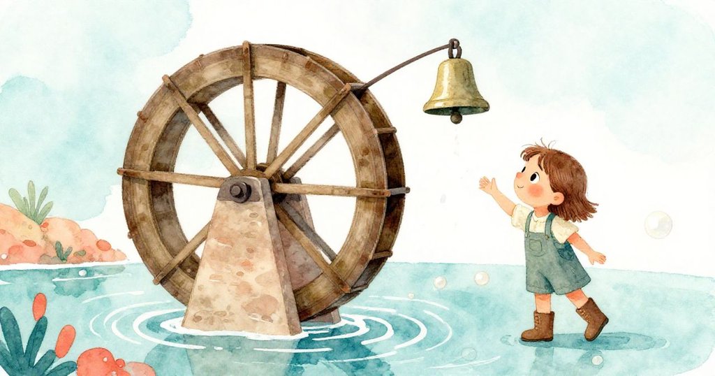 米拉見證水車終於轉動,鐘聲悠揚響起,晨光灑落水面,象徵希望新生與奇蹟,充滿溫暖。