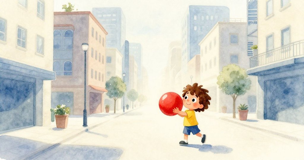 黎歐在明亮街道上拿著紅球，街景溫暖柔和，輪廓分明，展現充滿希望的開端與活力旅程。