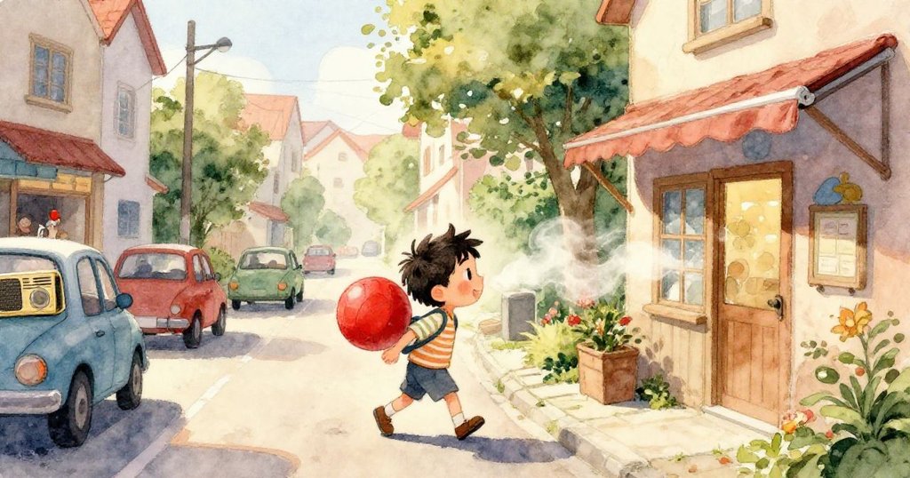 紅球在畫線上活力彈跳並滾入大白零內，低角度呈現動感與魔幻，散發出童趣與奇幻的魅力。