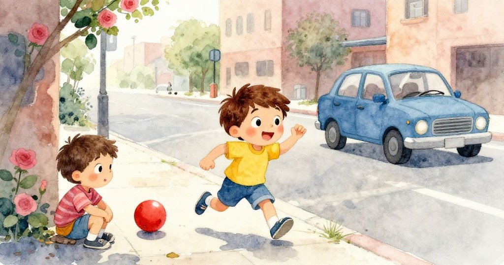 黎歐奮力奔追紅球，途中於路邊暫停觀望緩行汽車，音樂聲中充滿緊張與期待的氣氛。