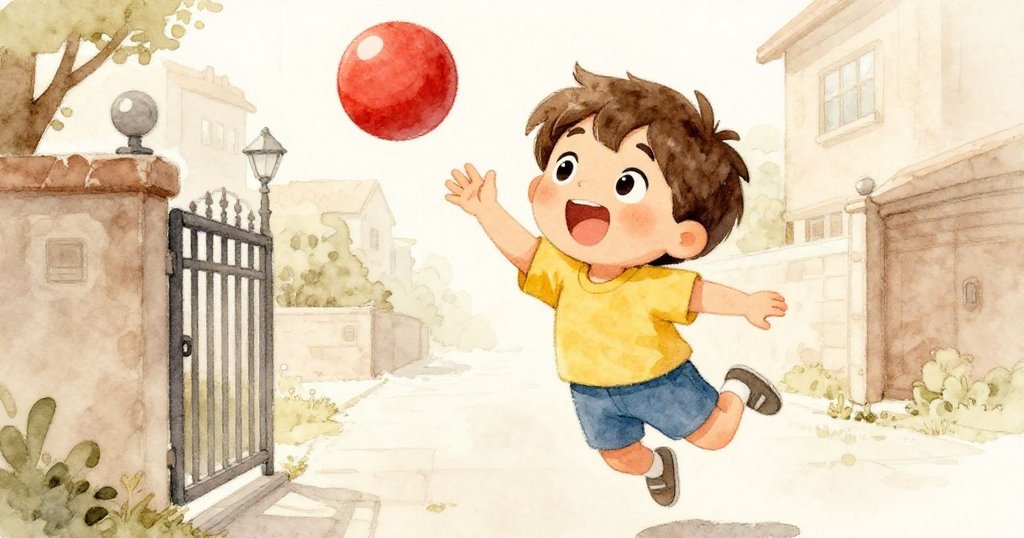 黎歐躍起觸及紅球，臉上洋溢著驚喜與快樂，紅球向家門方向輕輕彈動，氛圍溫馨動人。