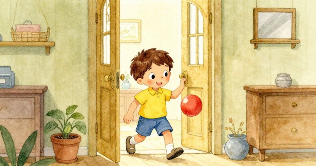 黎歐溫柔拾起紅球後走向敞開家門，隨著柔和光線進入溫馨住所，完滿結束一天充滿歡樂的冒險。