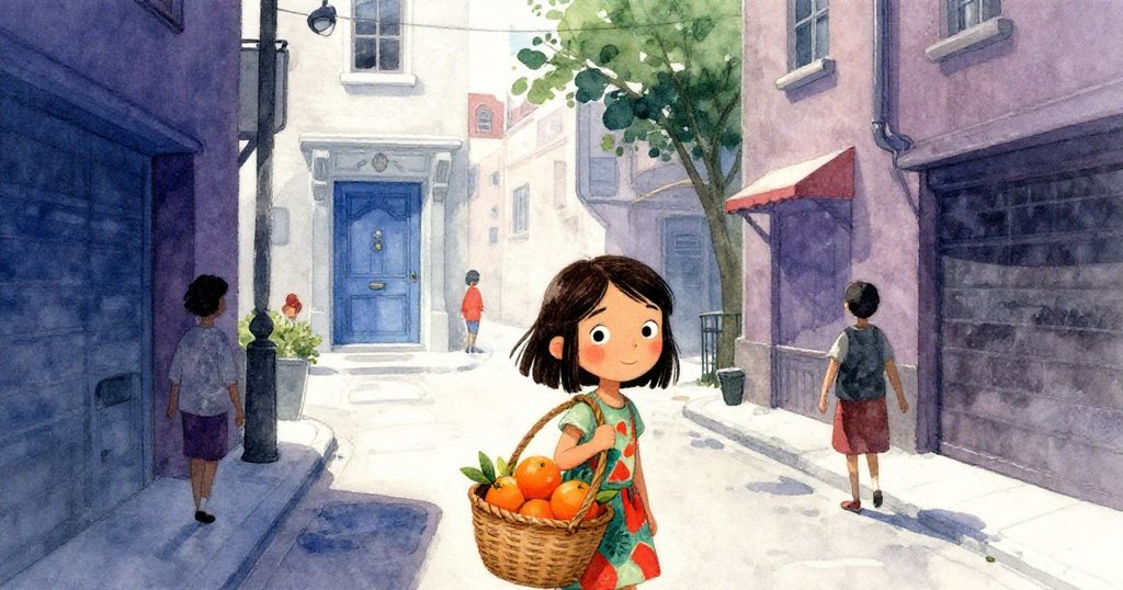 Nikki在狹窄街道上走路，手持滿是橙子的籃子，邁向遠處有小藍門的家門，充滿期待與溫暖光線。