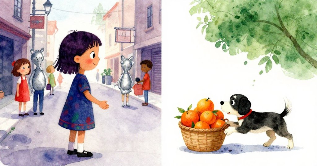 Nikki轉向左邊向熱情志工揮手，同時活潑狗撞翻籃子，橙子四散，畫面充滿互動與動感。